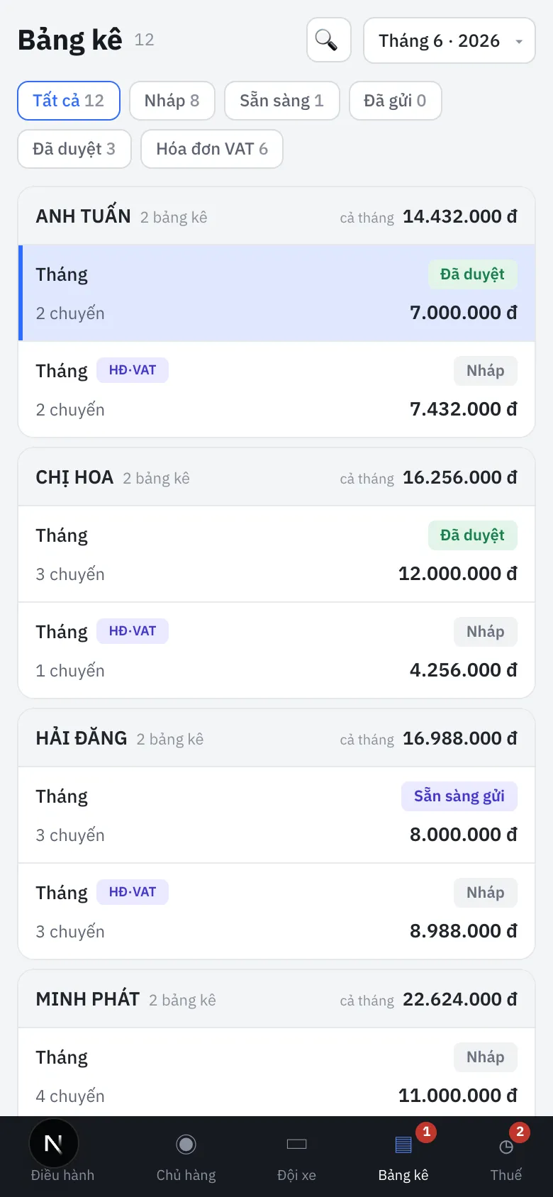 Billing screen on a phone: auto generated statements per customer with status pills