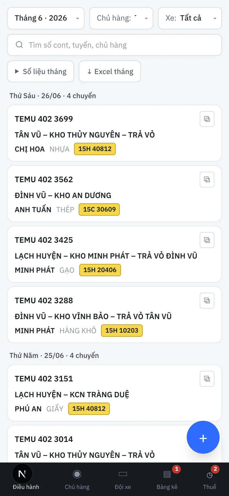 Job ledger on a phone: one day's container trips with route, customer, and truck