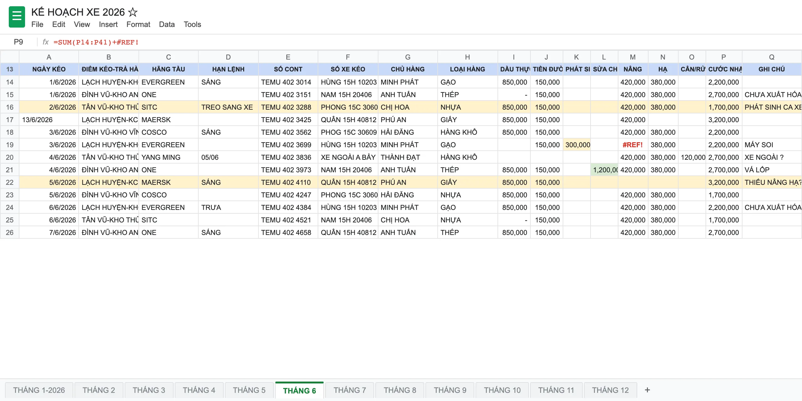 A spreadsheet of container trips with twelve month tabs, a broken formula error, and inconsistent entries