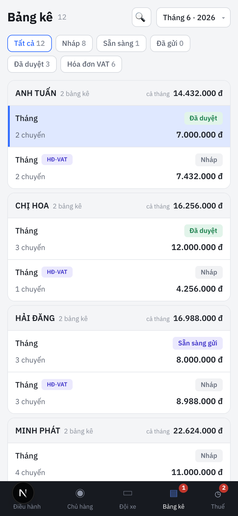 Billing screen on a phone: auto generated statements per customer with status pills