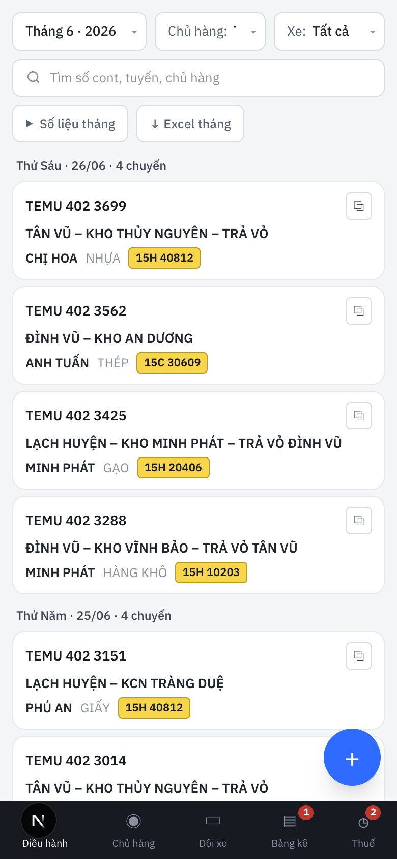 Job ledger on a phone: one day's container trips with route, customer, and truck