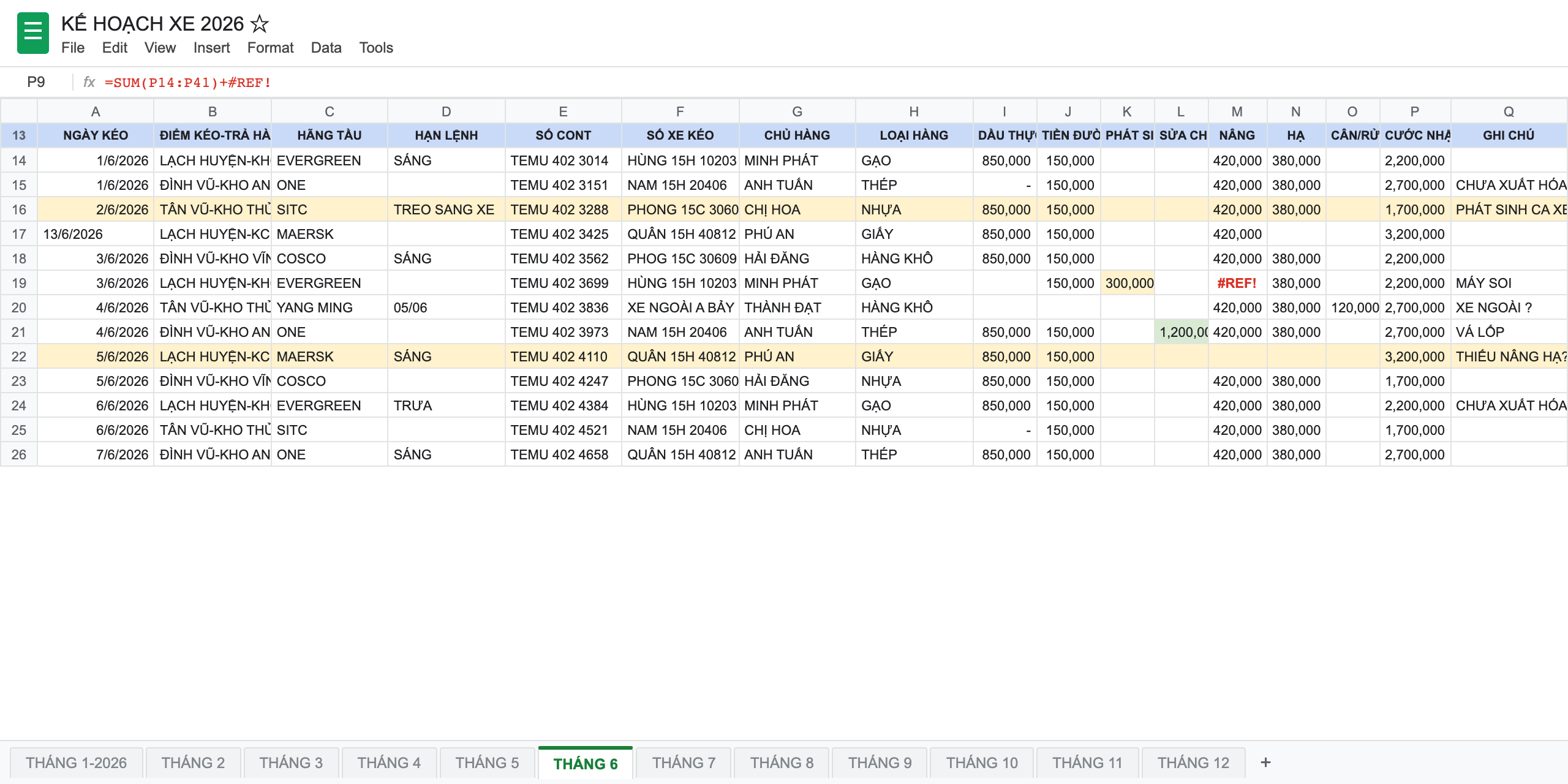 A spreadsheet of container trips with twelve month tabs, a broken formula error, and inconsistent entries
